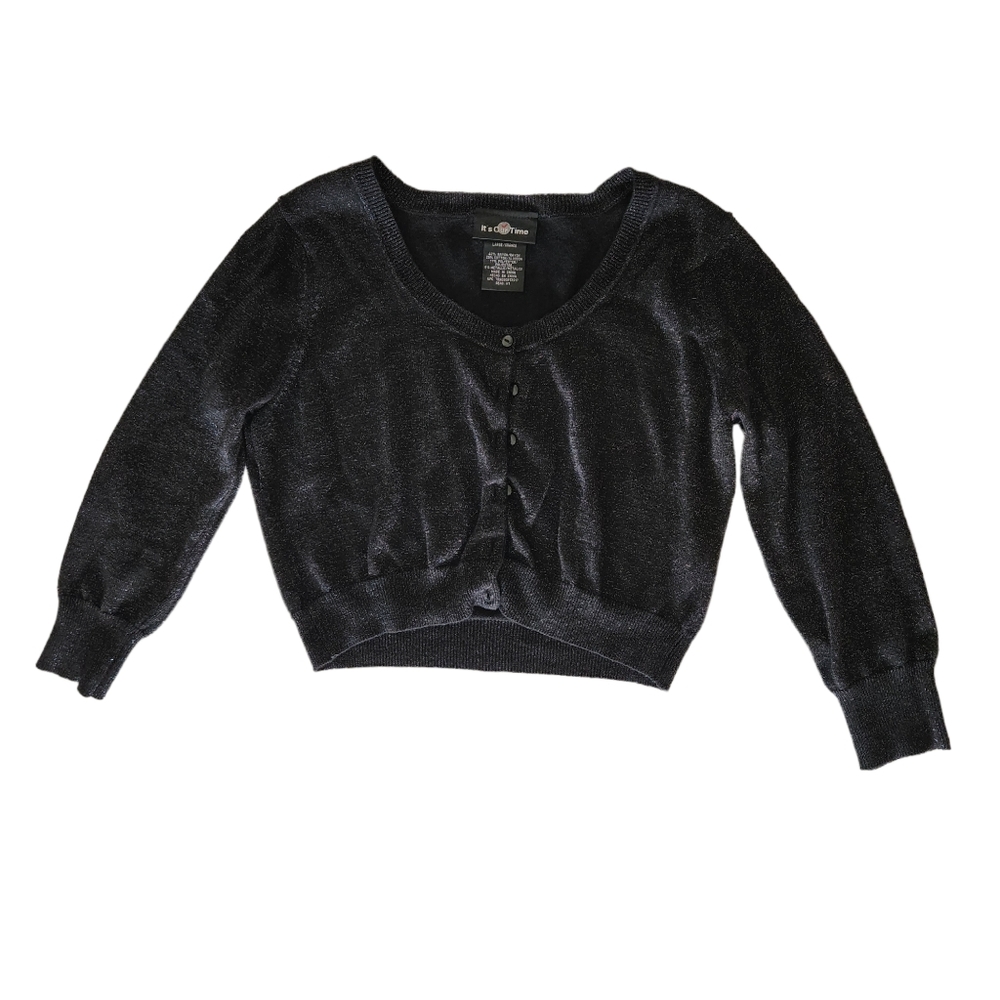It's Our time Y2K Black Glitter Crop Cardigan Sweater Juniors L Cotton Blend